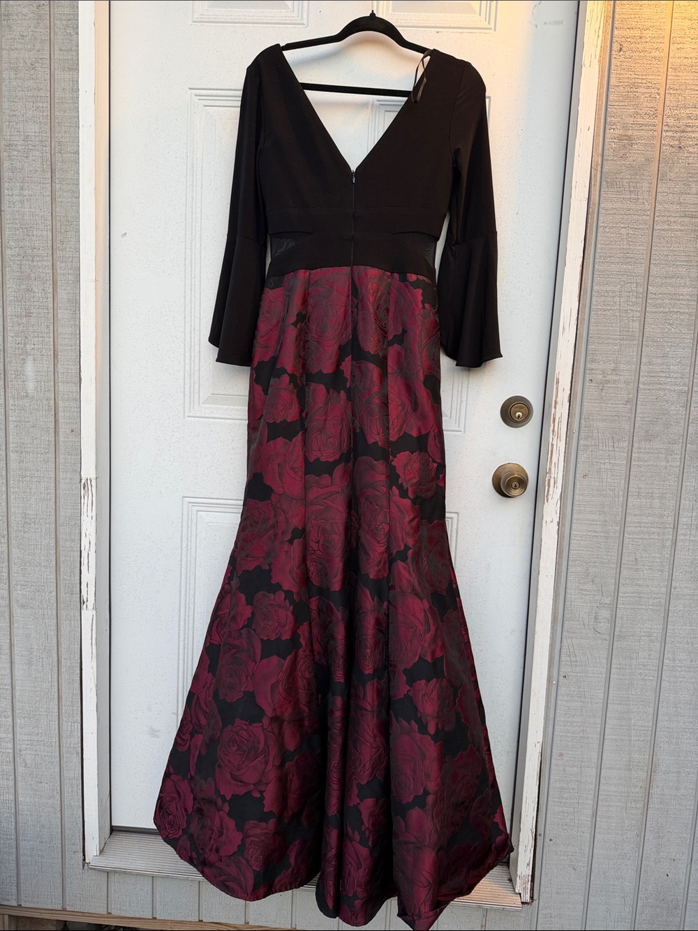 Xscape Black and Burgundy Floral Evening Gown